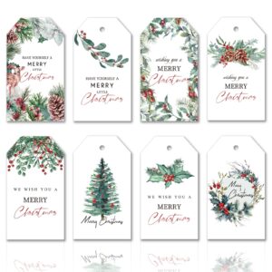 whaline 120pcs christmas paper gift tags with hemp rope watercolor xmas tree pinecone deer paper tags holiday hanging labels pre-punched with holes, 8 design