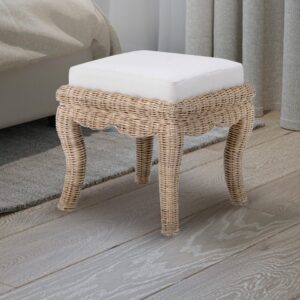 JONATHAN Y VSL1000A Rowan 19.7" Bohemian Designer Woven Rattan/Wood Vanity Stool, White Cushion with Natural Frame, for Living Room, Bedroom, Entryway, Foyer