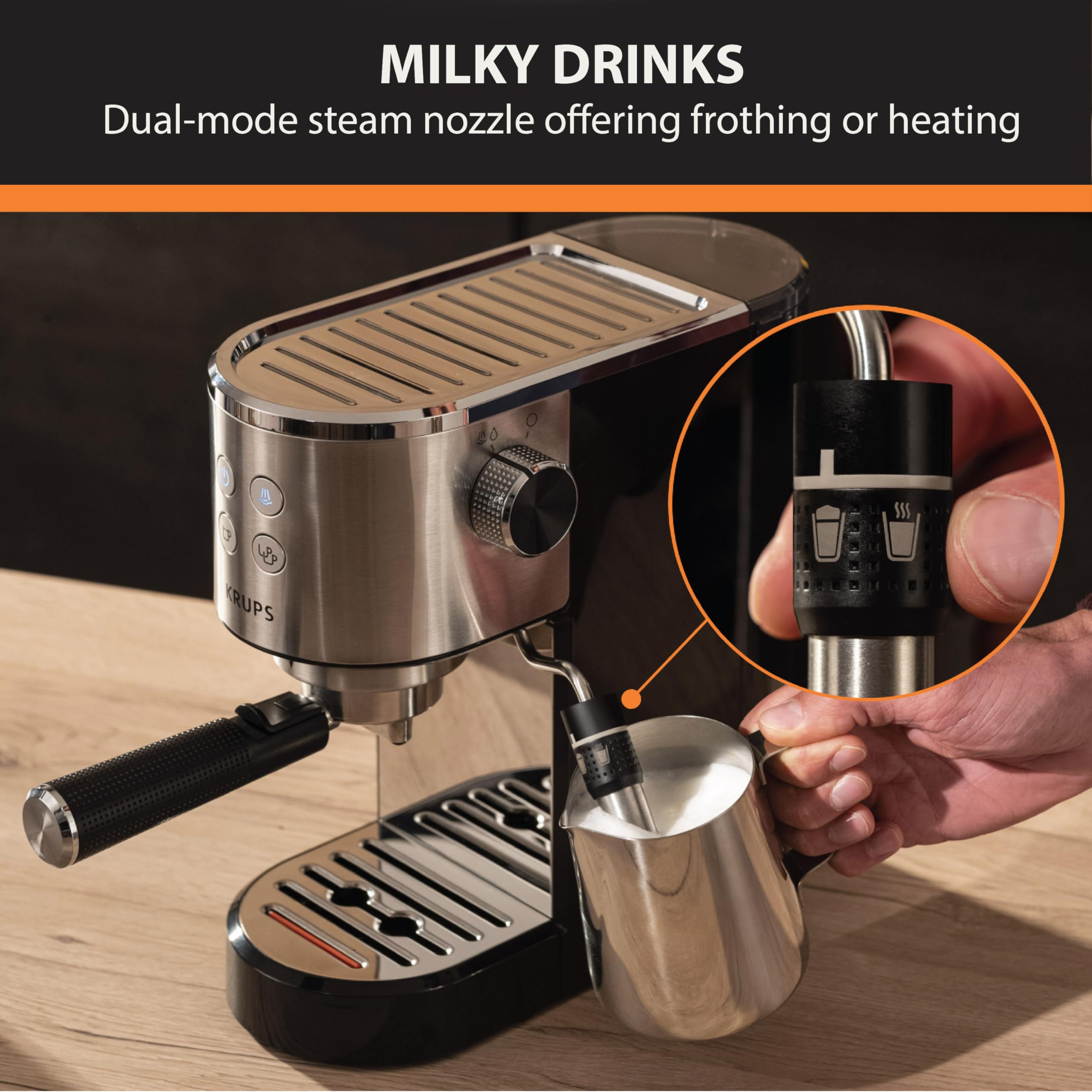 KRUPS: Divine Stainless Steel Espresso Machine with Tamper 2 cups at once, Cup Warmer, Espresso Machine with Milk Frother, Easy to Eject Grounds, 1350 Watts, Cappuccino, Latte, Americano, Silver