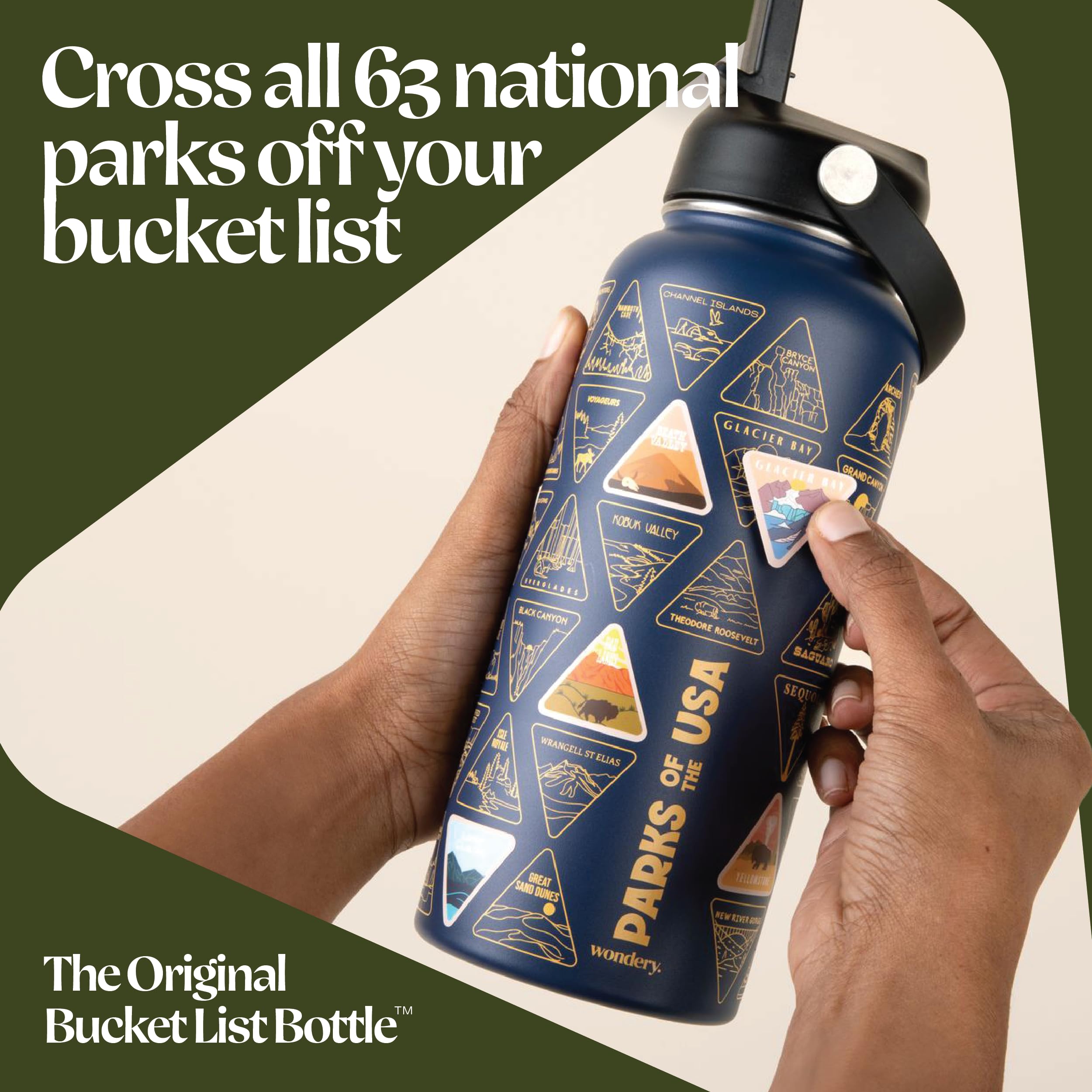 Wondery Original National Parks of the USA Bucket List Travel Water Bottle with Waterproof Stickers and Straw | Ocean 32 oz Screen Printed | Insulated Stainless Steel Vacuum Sealed | Leak Proof