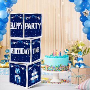 Turypaty 3 Packs Blue Birthday Decorations Boxes for Men Boys, Blue Silver Happy Birthday Balloons Boxes Party Supplies, 16th 18th 21st 30th 40th 50th 60th Bday Cardboard Box Decoration