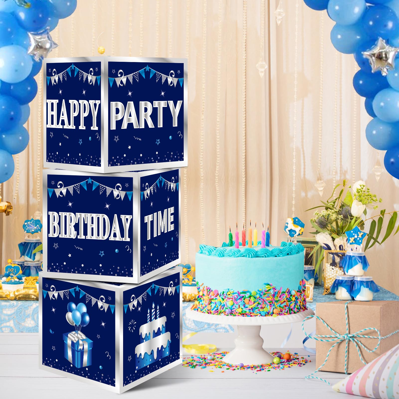 Turypaty 3 Packs Blue Birthday Decorations Boxes for Men Boys, Blue Silver Happy Birthday Balloons Boxes Party Supplies, 16th 18th 21st 30th 40th 50th 60th Bday Cardboard Box Decoration