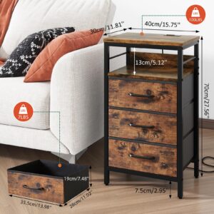 IBUYKE Nightstand with Charging Station,Side Table with Fabric Drawers, Bedside Table with USB Ports and Outlets, End Table for Bedroom, Living Room, Rustic Brown UTNS001H