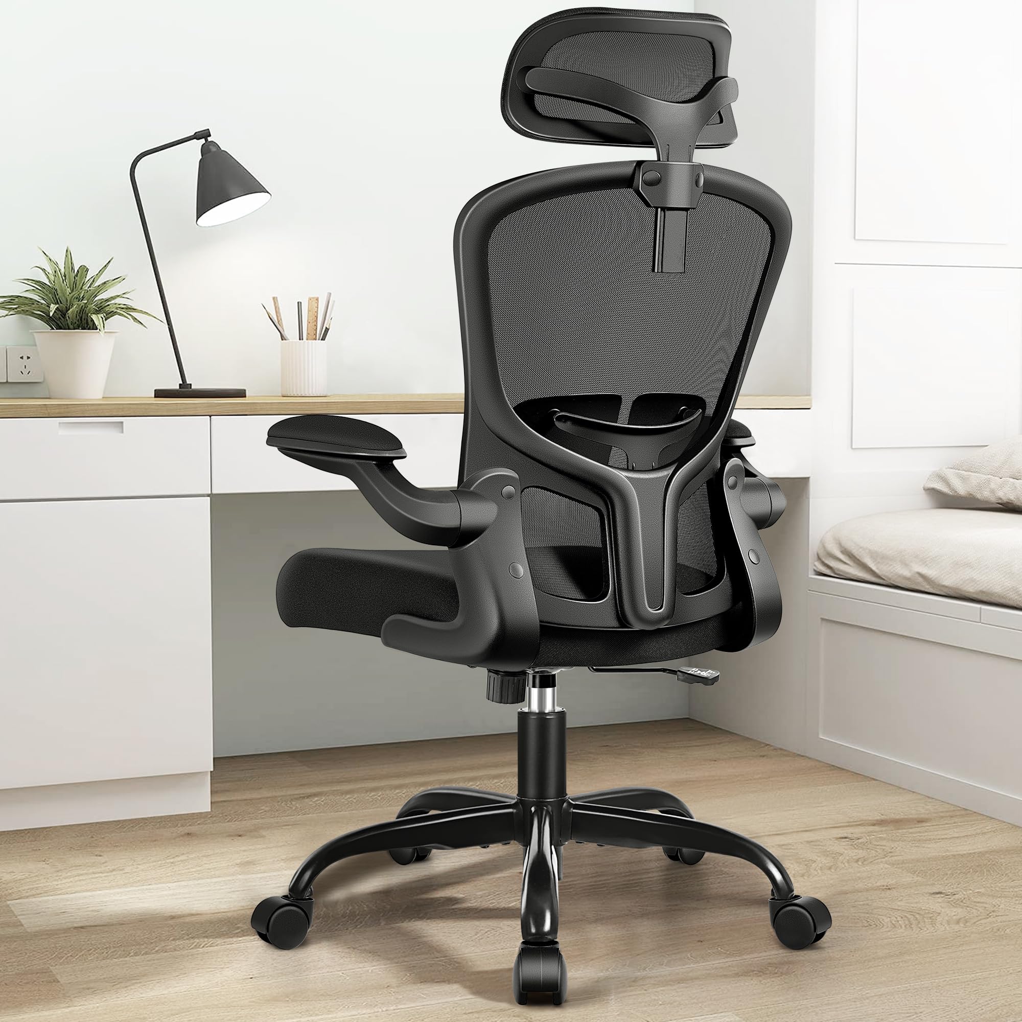 FelixKing Office Chair Ergonomic Desk Chair with Headrest, High Back Computer Chair with Adjustable Lumbar Support and Wheels,Executive Swivel Comfy Chair with flip-up Armrests for Home Office