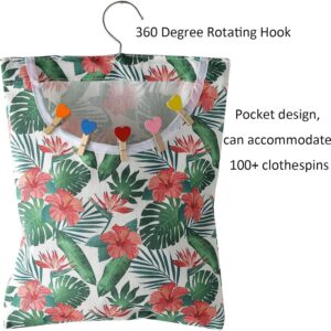 IcosaMro Clothespin Bags Set of 2 Hanging Outdoor Laundry Clothes Pin Holder Waterproof Clothes Pin Hanging Bag Clothespin Storage Organizer with Large Opening, Tropical Leaf Pattern 15x11 Inches