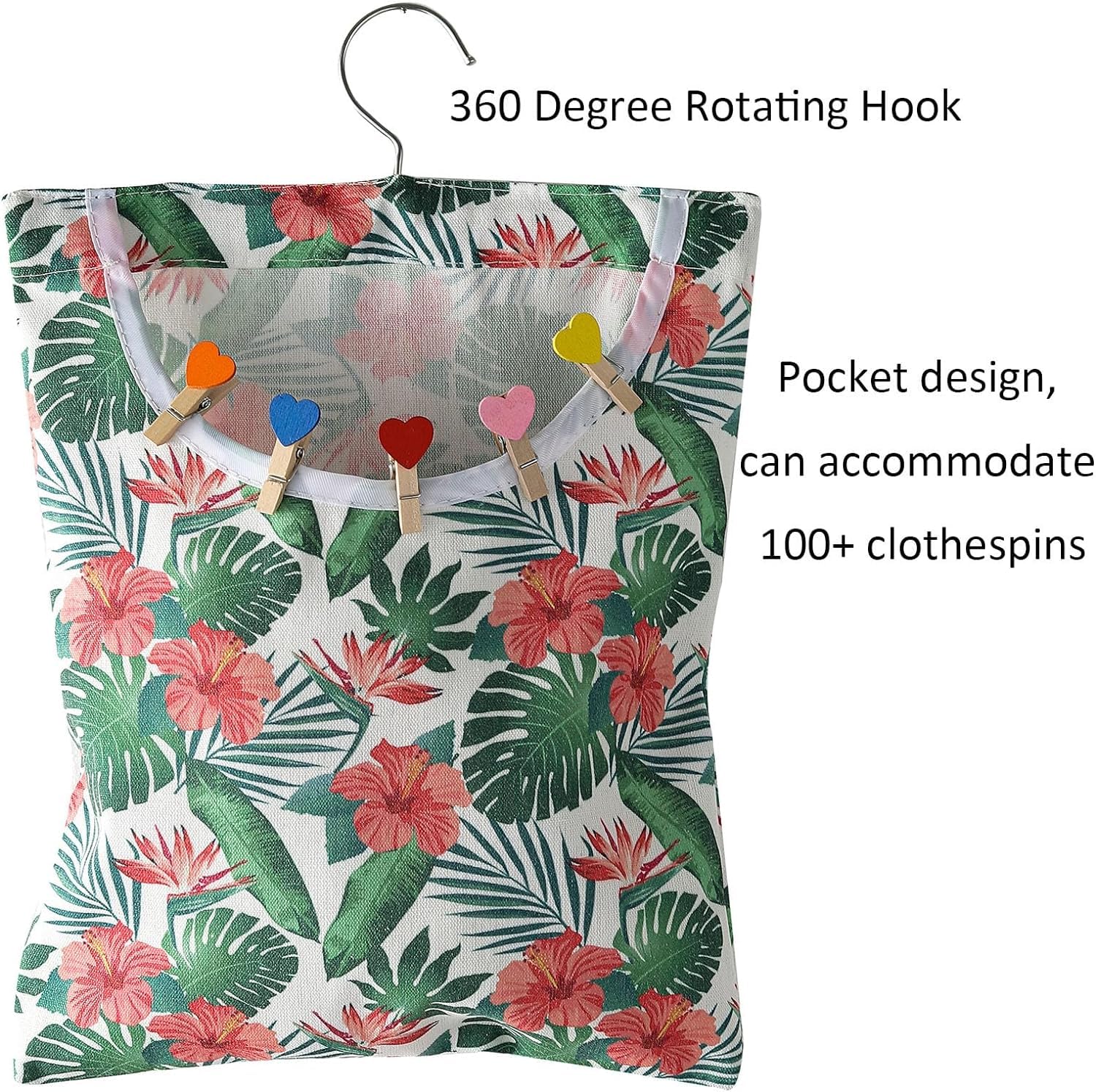 IcosaMro Clothespin Bags Set of 2 Hanging Outdoor Laundry Clothes Pin Holder Waterproof Clothes Pin Hanging Bag Clothespin Storage Organizer with Large Opening, Tropical Leaf Pattern 15x11 Inches