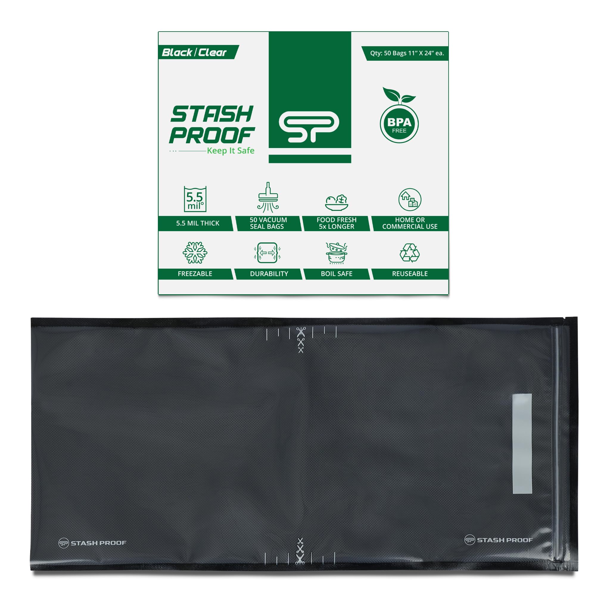 Stash Proof Resealable Zipper Vacuum Seal Bags 11" x 24" (50 Count) 5.5 Mil (Black and Clear) - BPA Free Commerical Grade Food Saver for Storage, Sous Vide, and Meal Prep Sealer Bag