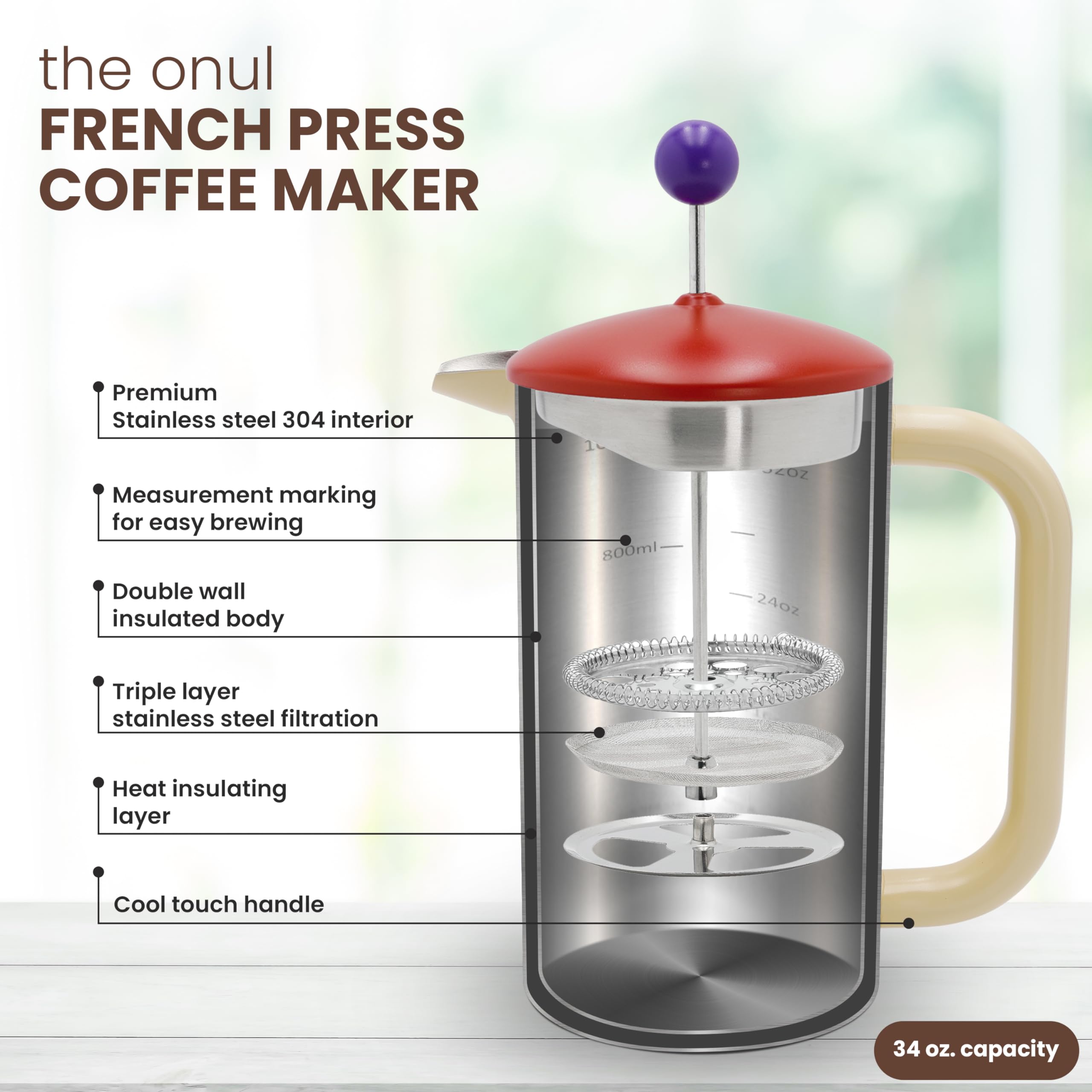 the onul French Press Coffee Maker 34 oz.- Stainless Steel Double Wall Insulated Coffee Press - 3 Level Filtration System with an Exrtra Filter - Cold Brew Coffee and Tea