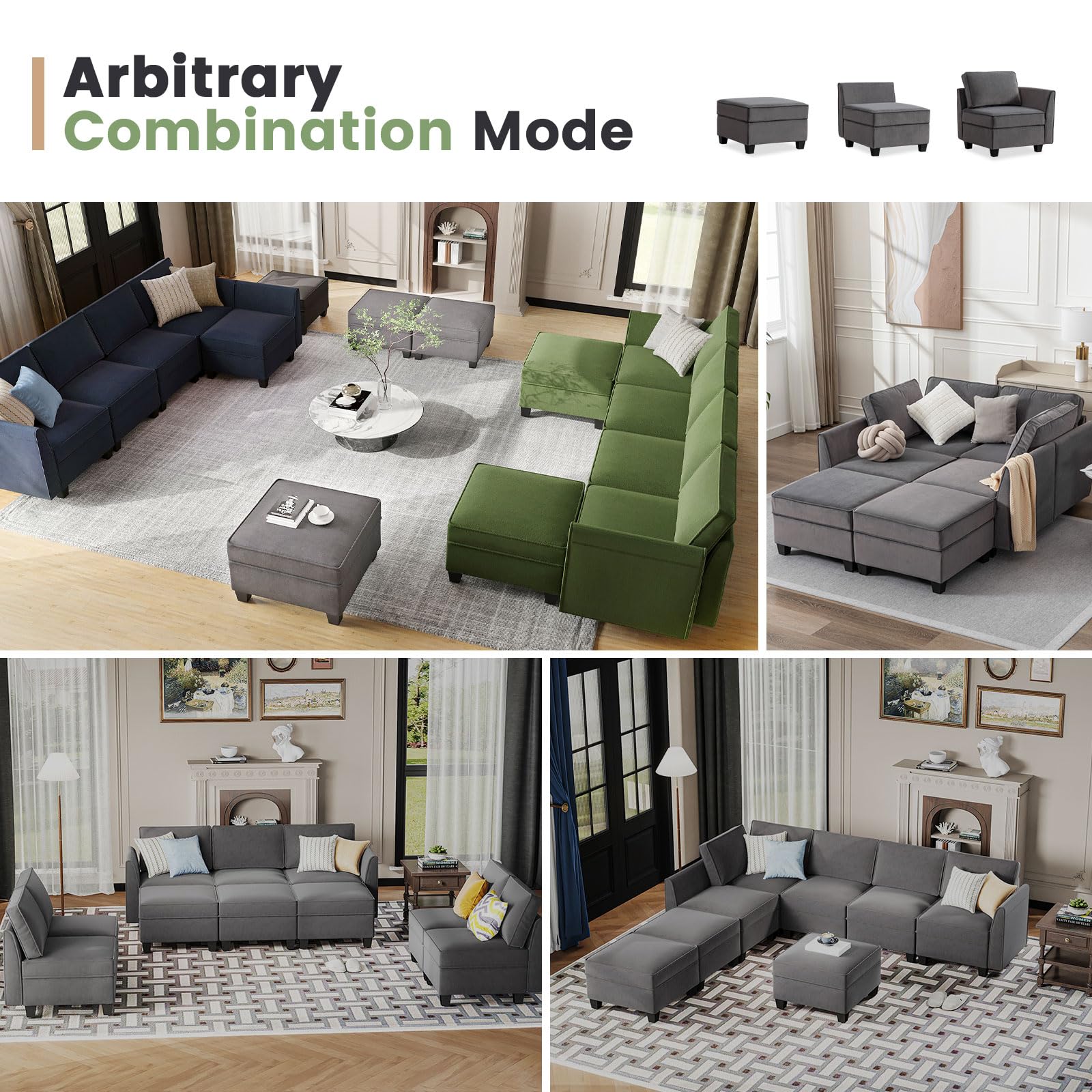 DIFY Modular Sectional Sofa Couch with Storage Seat, Oversized U-Shaped Reversible Couch for Living Room, Apartment and Office, 6 Seat Sofa with 8 Armrests, Convertible Chaise Sofa, Velvet Grey.