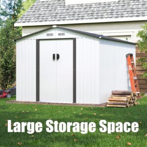 JAXPETY Outdoor Storage Shed - Galvanized Metal Tool Shed Outdoor Garden Shed with 2 Sliding Lockable Doors for Garden Patio Backyard Lawn (White, 8'x8')