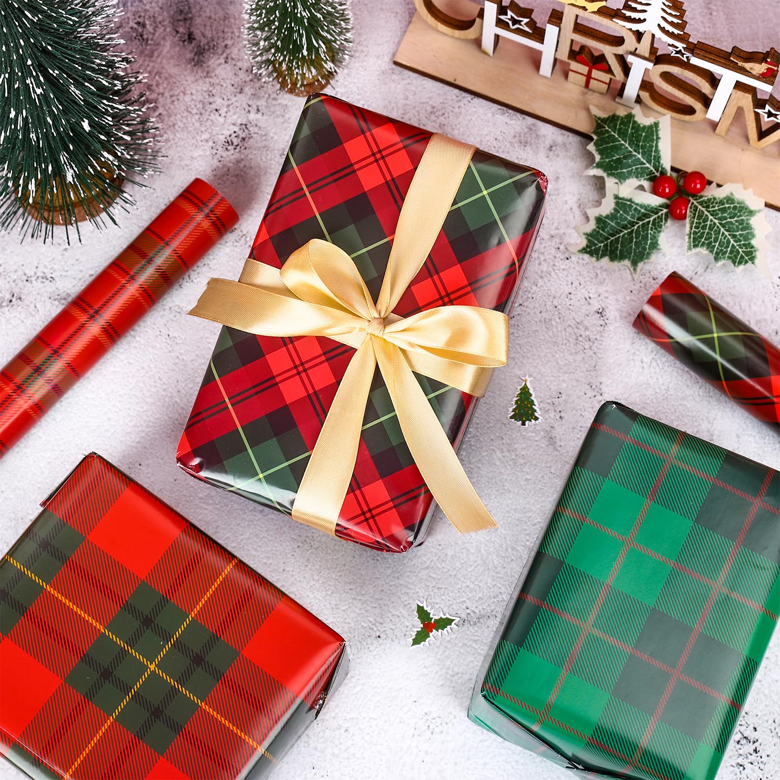 Whaline 12 Sheet Christmas Wrapping Paper Red Black Green Buffalo Plaid Gift Wrap Paper Bulk Folded Flat Classic DIY Craft Paper for Birthday Wedding Party Gift Decor, 19.7 x 27.6 In