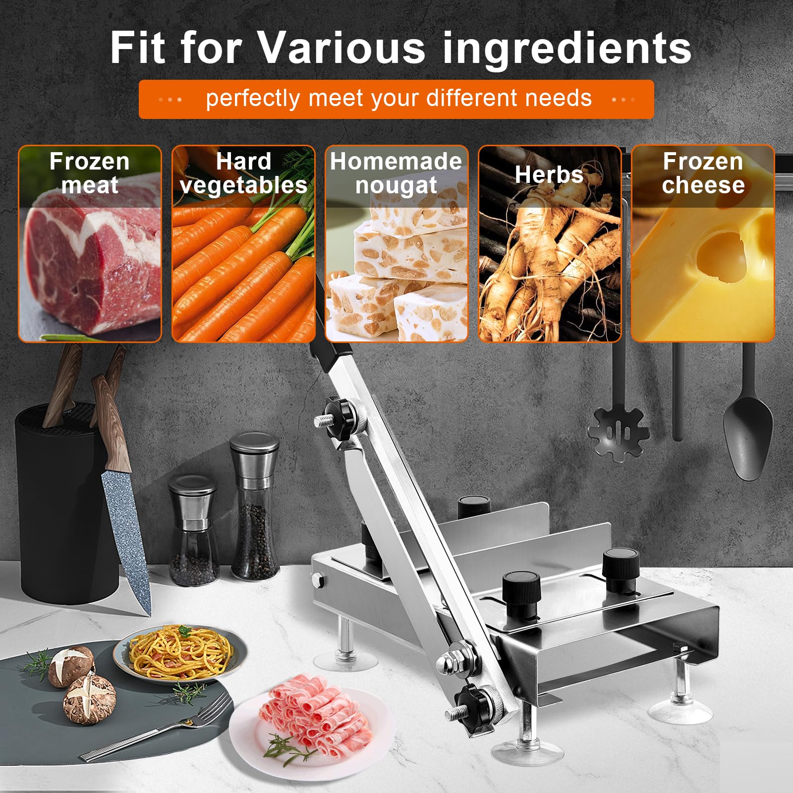 Manual Frozen Meat Slicer, LMYYGOO Stainless Steel Hand Thin Meat Cutter Slicer for home Hot Pot, Korean BBQ, Beef Mutton Rolls, Vegetable Fruit Slicing (includes a spare sharp blade & a plate)