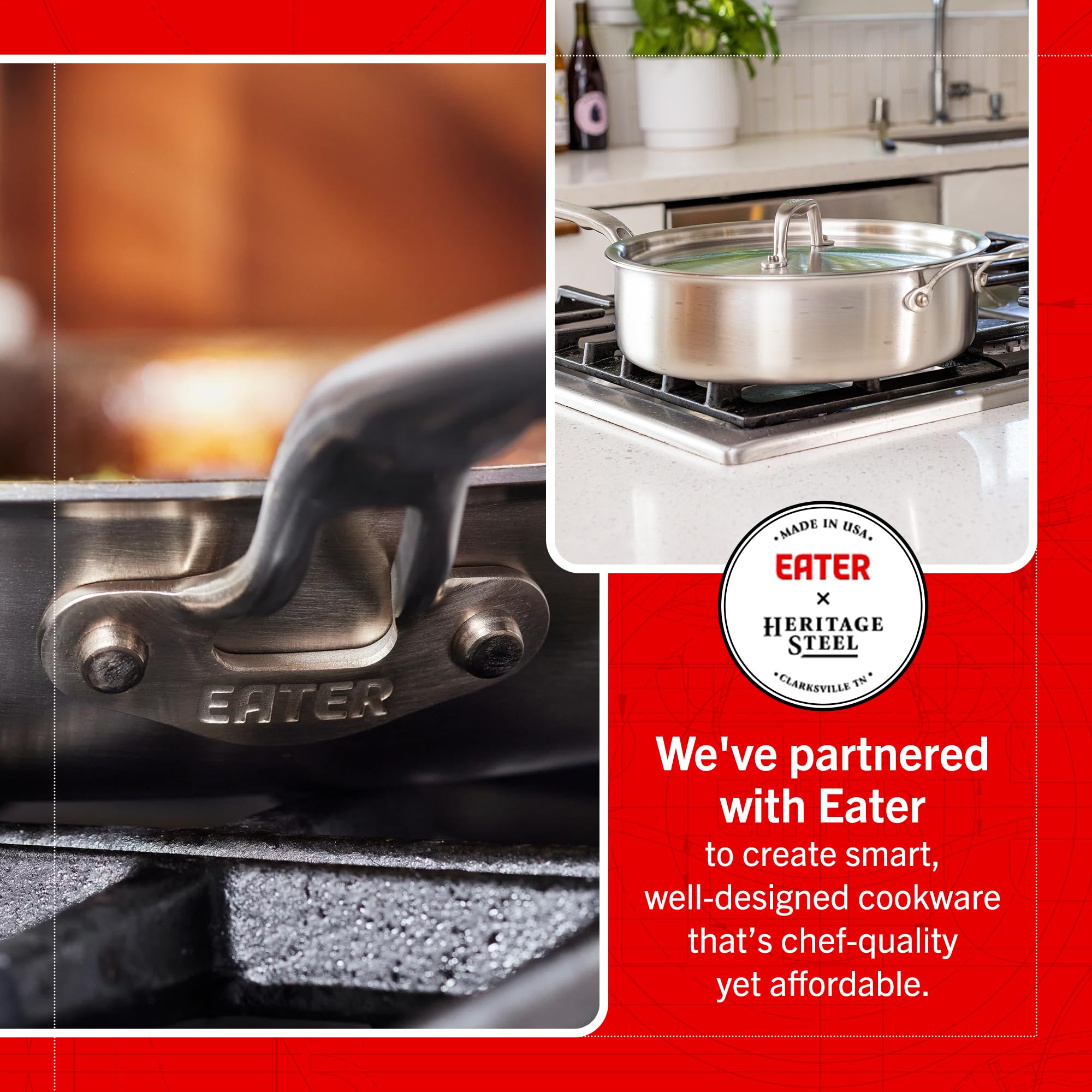 Heritage Steel x Eater 4 Quart Sauté Pan | Made in USA | 5-Ply Fully Clad Stainless Steel Saute Pan | Stay Cool Handle | Non Toxic Induction Pan