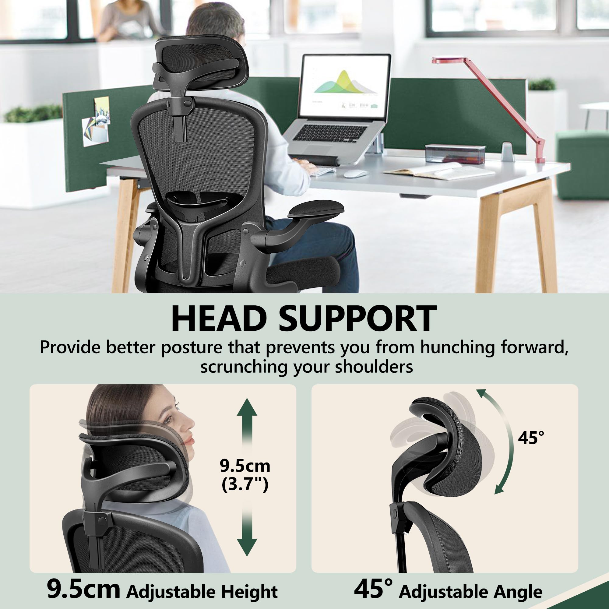 FelixKing Office Chair Ergonomic Desk Chair with Headrest, High Back Computer Chair with Adjustable Lumbar Support and Wheels,Executive Swivel Comfy Chair with flip-up Armrests for Home Office