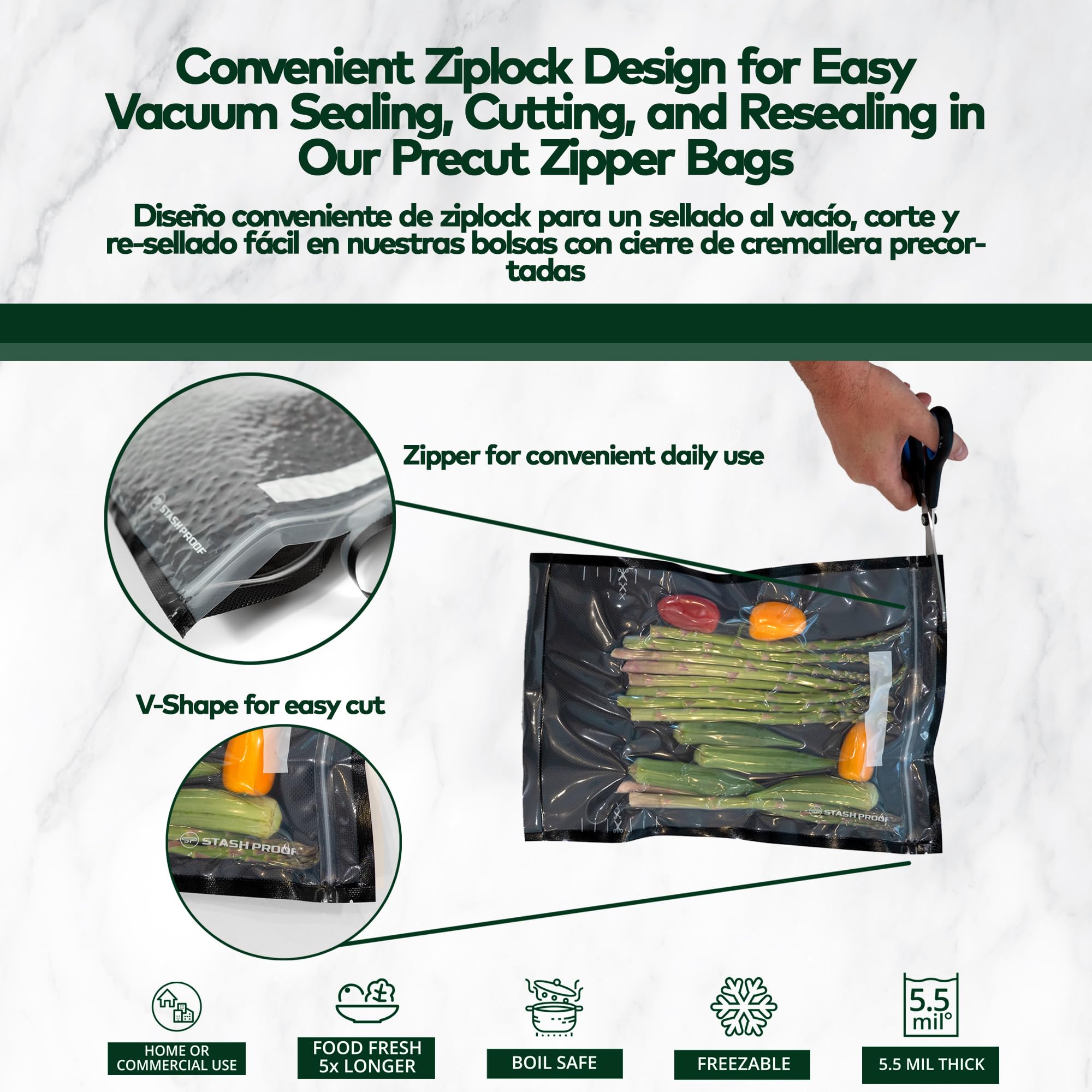 Stash Proof Resealable Zipper Vacuum Seal Bags 15" x 20" (50 Count) 5.5 Mil (Black and Clear) - BPA Free Commerical Grade Food Saver for Storage, Sous Vide, and Meal Prep Sealer Bag