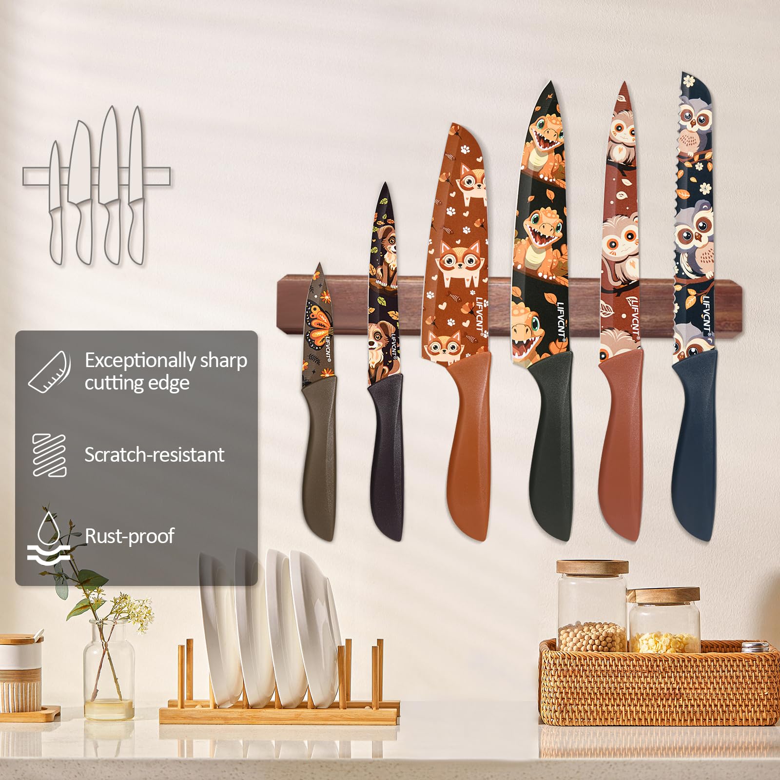 Kitchen Knife Set 6 Piece, Multi Color Cartoon Pattern Knives Set, Ergonomic Handles, Stainless Steel Knife, Knife Set without Block