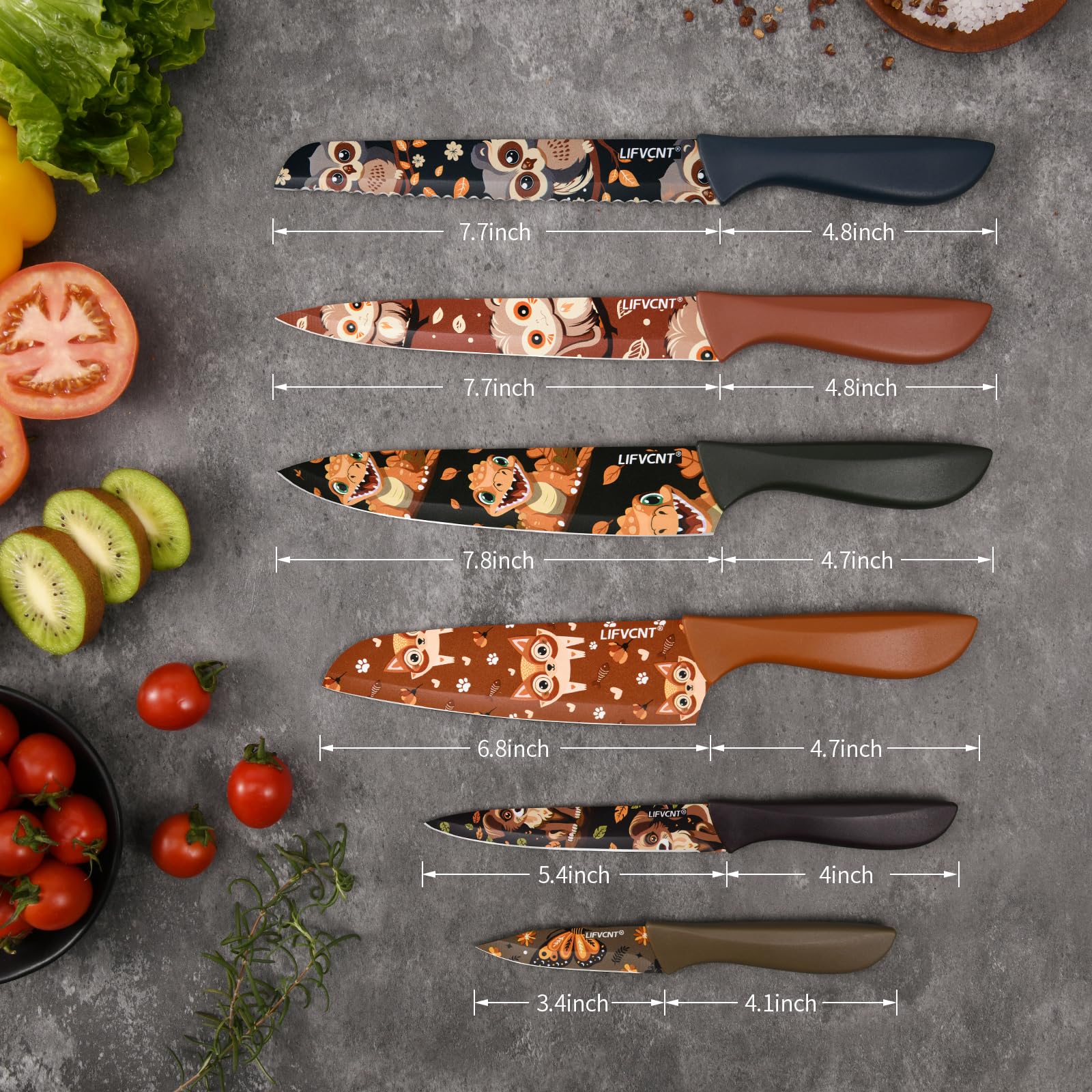 Kitchen Knife Set 6 Piece, Multi Color Cartoon Pattern Knives Set, Ergonomic Handles, Stainless Steel Knife, Knife Set without Block