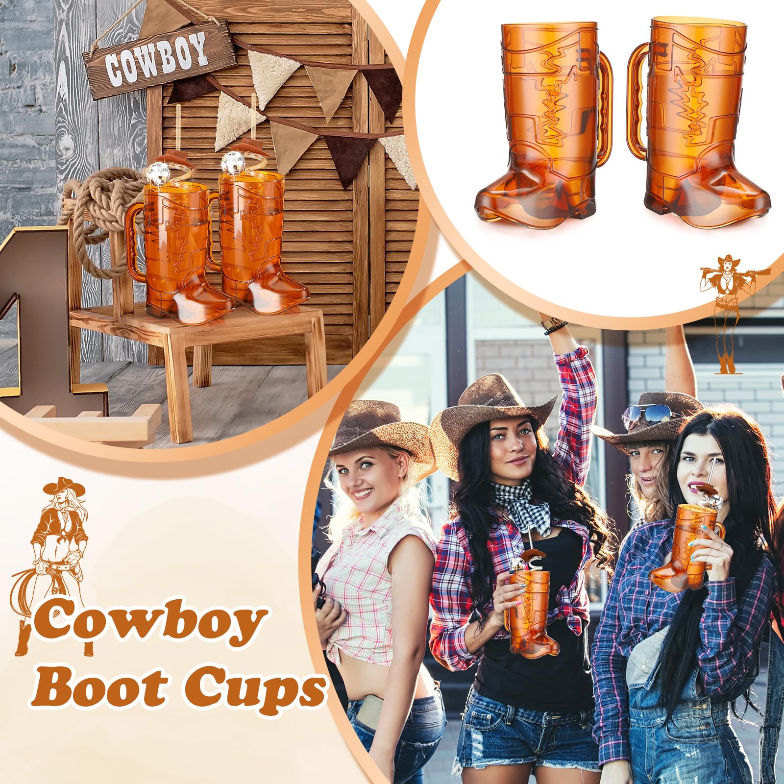 Ziliny 36 Sets 17 oz Cowgirl Boot Mug Cups including 12 Cowgirl Drink Mugs 12 Cowgirl Hat Straws 12 Mirror Disco Ball Stirrers for Western Theme Bachelorette Birthday Party Favors (Brown)