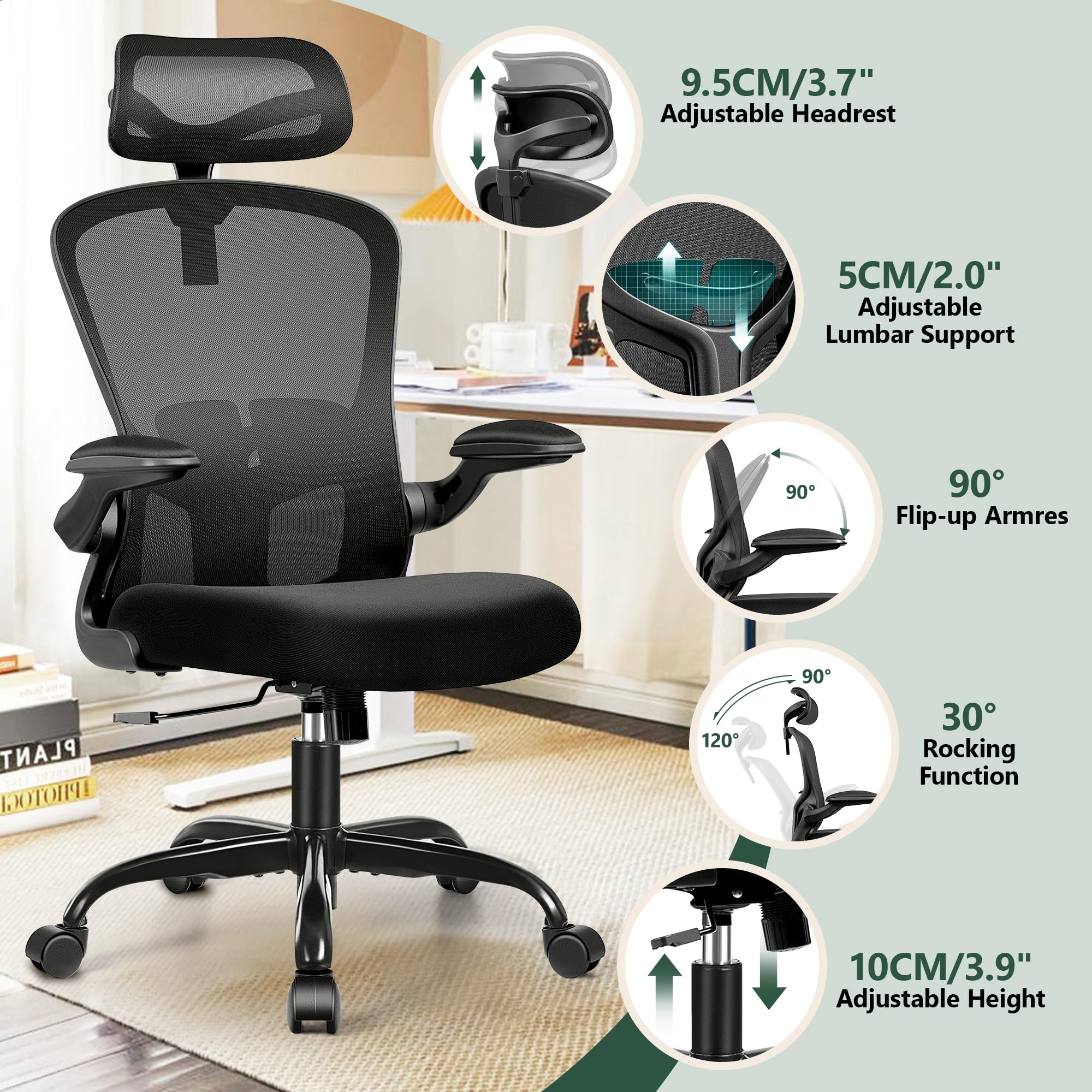 FelixKing Office Chair Ergonomic Desk Chair with Headrest, High Back Computer Chair with Adjustable Lumbar Support and Wheels,Executive Swivel Comfy Chair with flip-up Armrests for Home Office