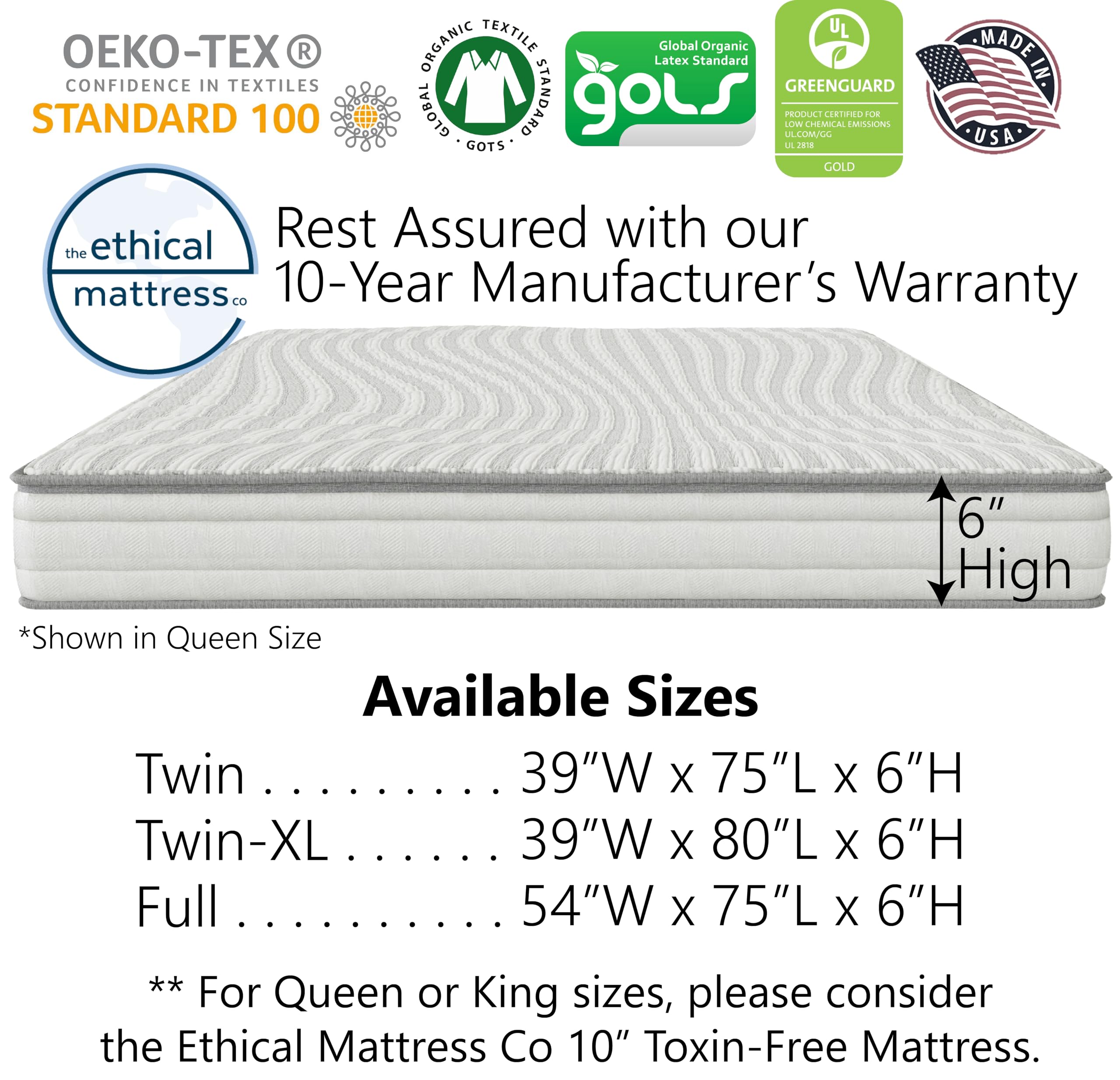 ETHICAL MATTRESS CO 6" Kid’s Mattress, Toxin-Free, Made in the USA with Organic Cotton, Wool, Latex & Pocketed Coils (Mattress-in-a-Box); perfect for bunk beds, trundles & platform beds - Twin XL size