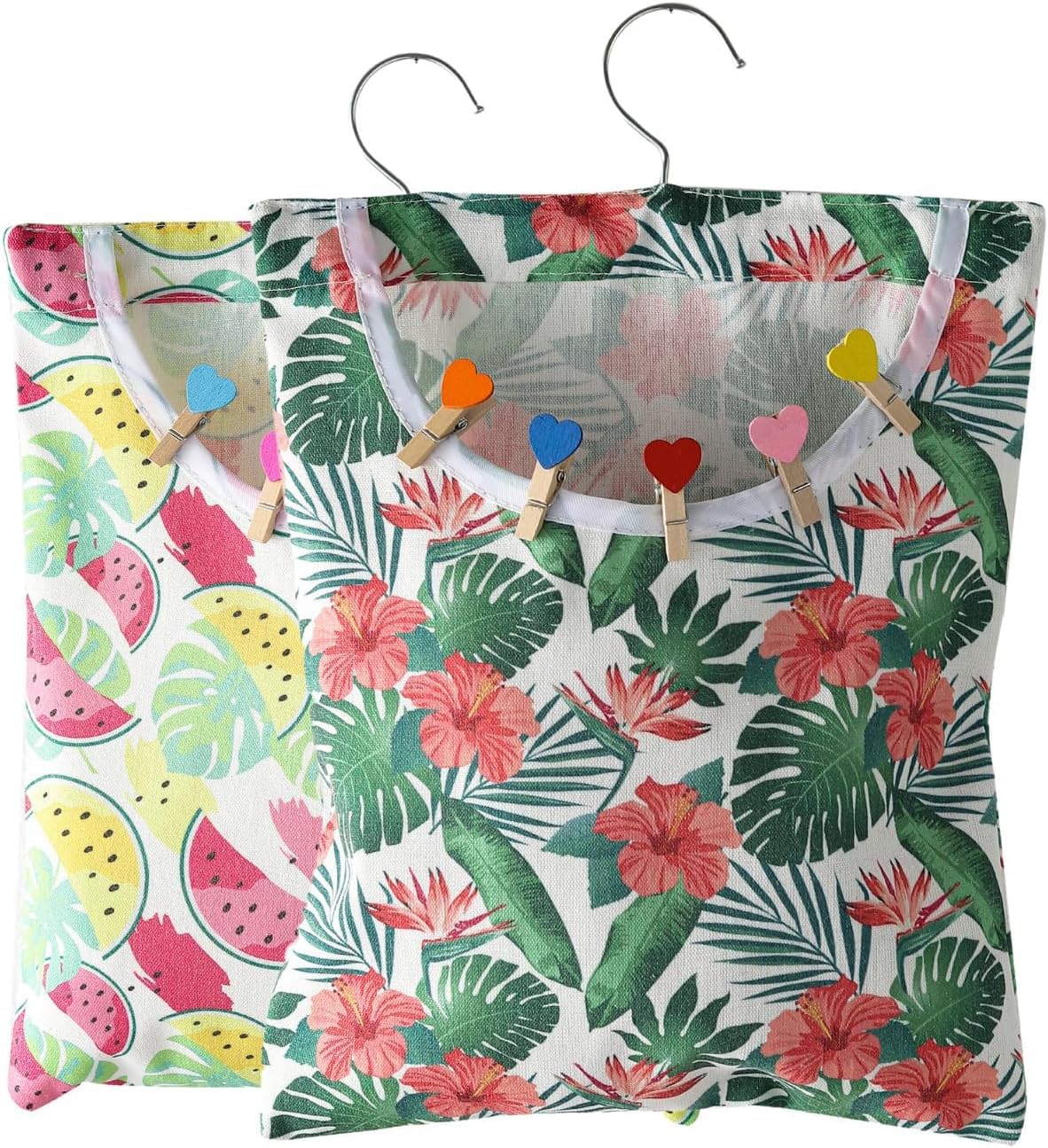 IcosaMro Clothespin Bags Set of 2 Hanging Outdoor Laundry Clothes Pin Holder Waterproof Clothes Pin Hanging Bag Clothespin Storage Organizer with Large Opening, Tropical Leaf Pattern 15x11 Inches