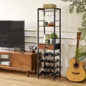 IBUYKE Wine Rack Freestanding Floor, Bar Cabinet for Liquor and Glasses,4-Tier Wood Coffee Bar Cabinet,Glass Holder and Storage Drawer for Home Bar Kitchen Living Room,Rustic Brown UTMJ905H