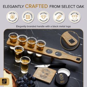 Don Paragone Calavera Tequila Shot Board Set - Fine Oak Wood Shot Glass Holder Tray with 6 Tequila Shot Glasses, Cutting Board, Lime Knife, Salt Tin, Bottle Pourer - Tequila Gifts for Tequila Lovers