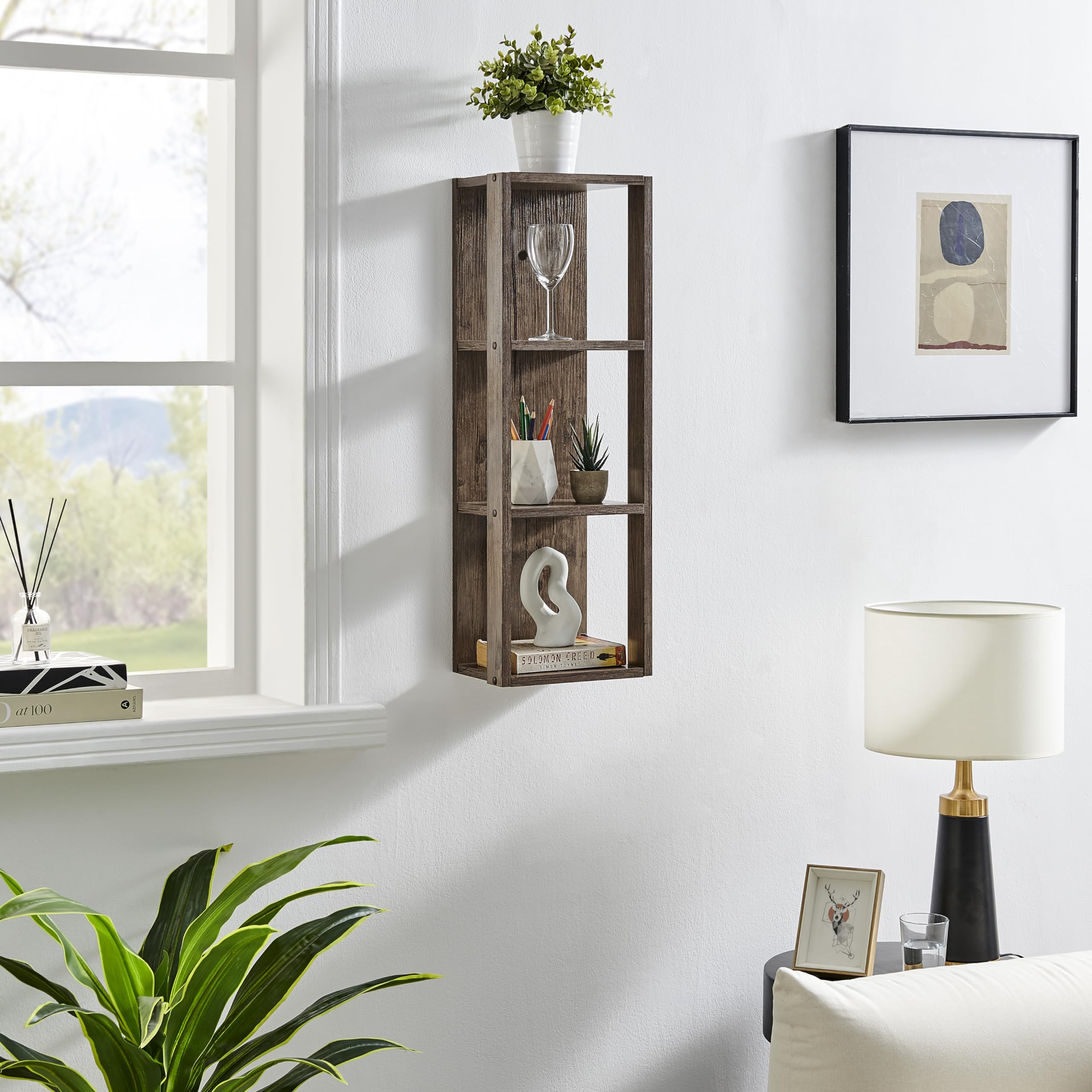 Danya B. Recife Vertical Three-Tier Modern Shadow Box Cube Display Wall Shelf (Hickory)