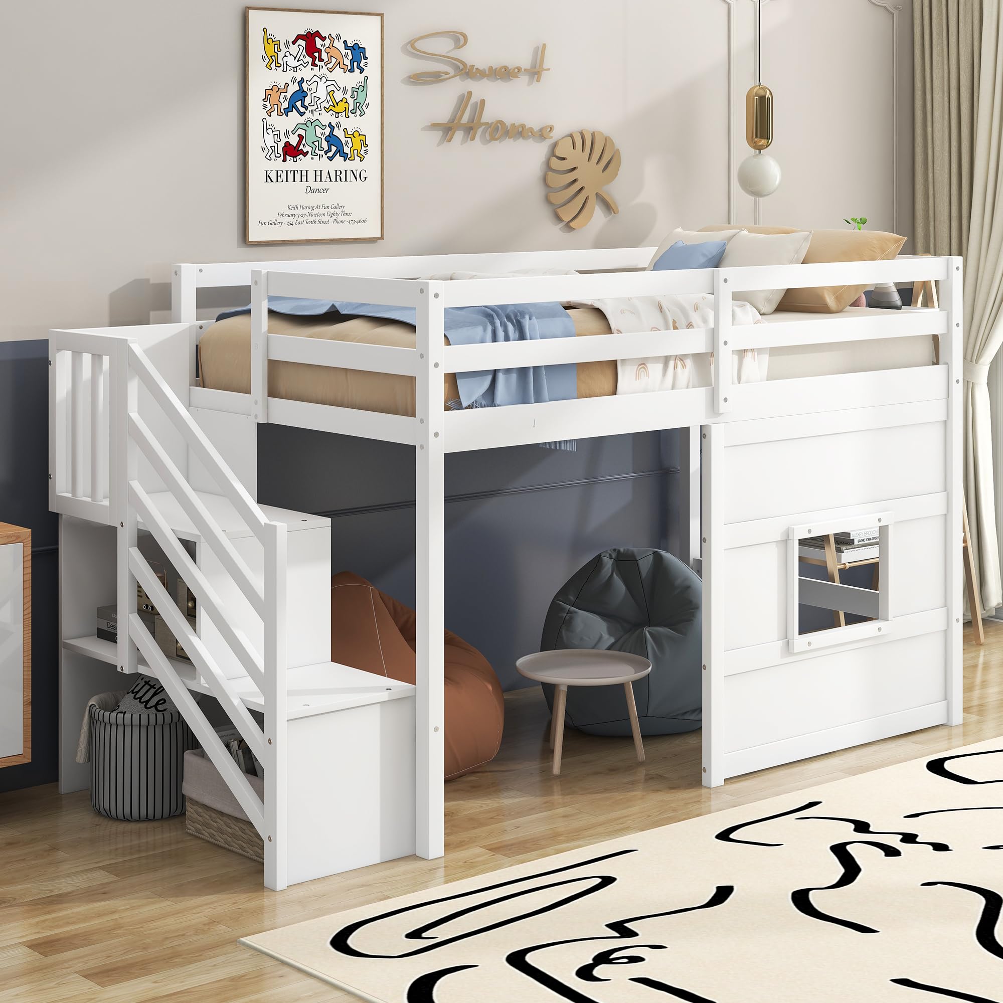 VilroCaz Playful Design Twin Size Loft Bed with Storage Staircase and Window for Kids Teens Boys Girls, Solid Wood Low Loft Bed Frame with Safety Guard Rails, Space-Saving (White-C9)