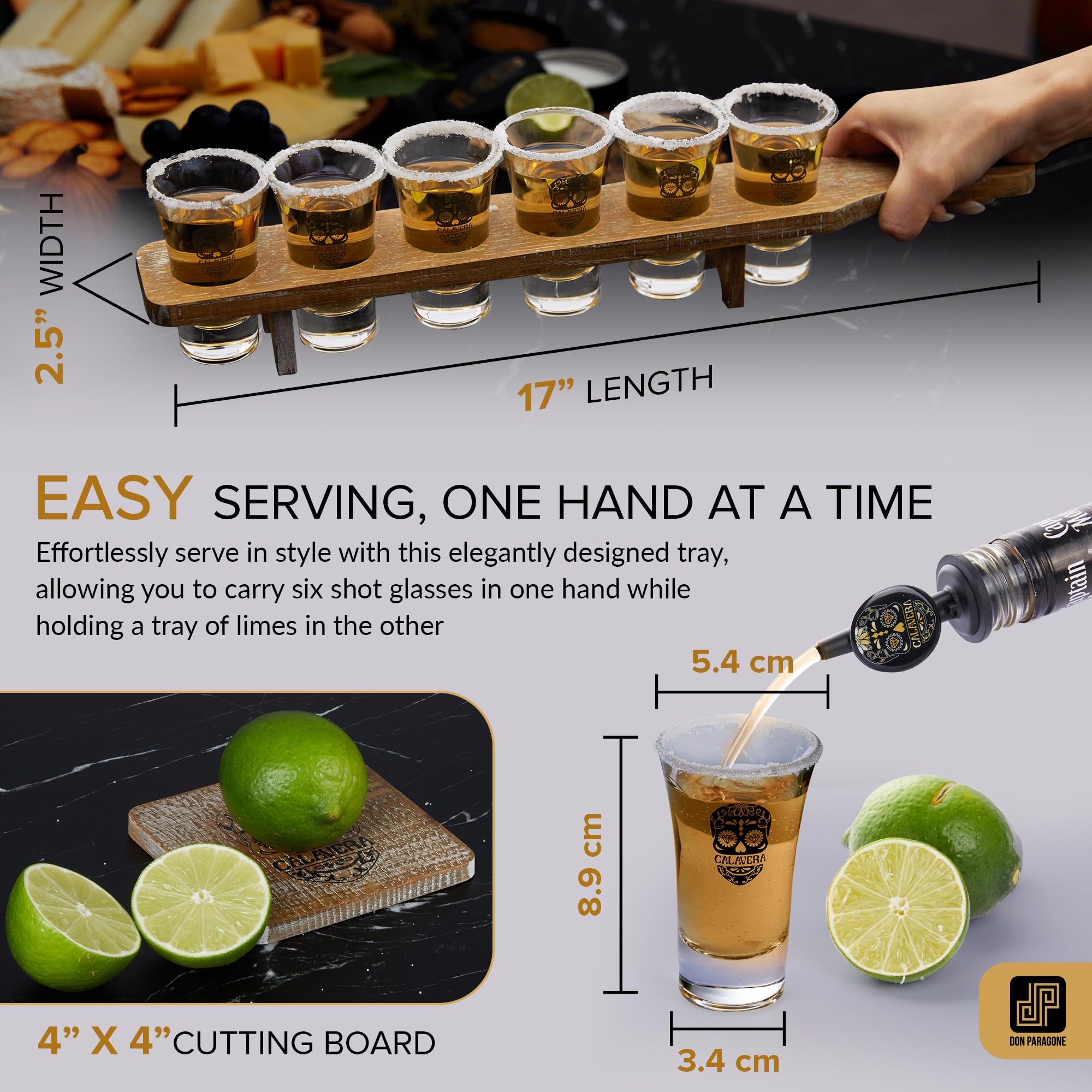 Don Paragone Calavera Tequila Shot Board Set - Fine Oak Wood Shot Glass Holder Tray with 6 Tequila Shot Glasses, Cutting Board, Lime Knife, Salt Tin, Bottle Pourer - Tequila Gifts for Tequila Lovers