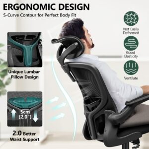 FelixKing Office Chair Ergonomic Desk Chair with Headrest, High Back Computer Chair with Adjustable Lumbar Support and Wheels,Executive Swivel Comfy Chair with flip-up Armrests for Home Office