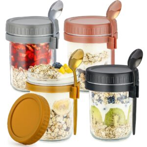 drkio 4 pack overnight oats containers with lids and spoons 16 oz glass mason jars for overnight oats jars leak proof oatmeal container great for cereal fruit vegetable milk salad yogurt meal prep