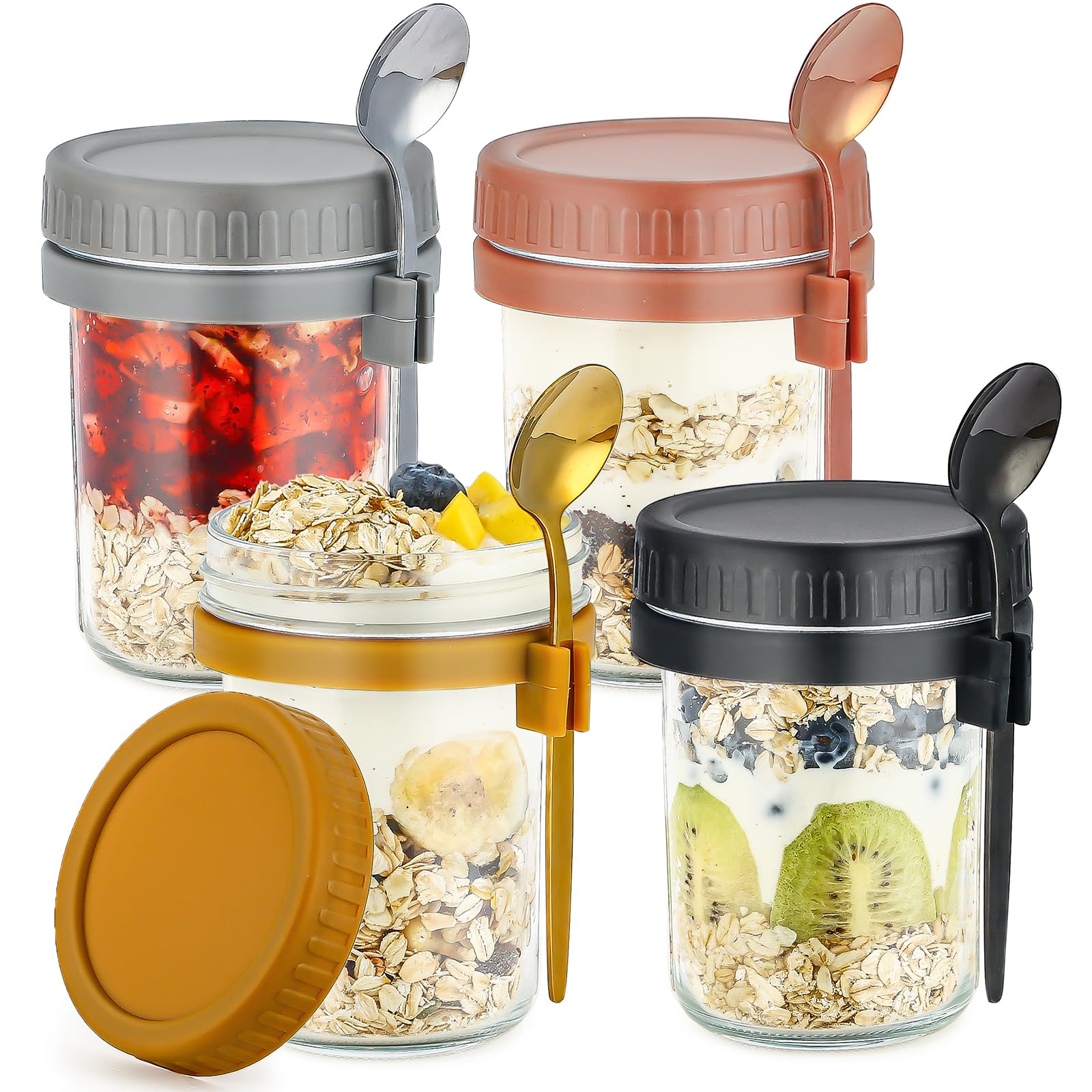 DRKIO 4 Pack Overnight Oats Containers with Lids and Spoons 16 Oz Glass Mason Jars for Overnight Oats Jars Leak Proof Oatmeal Container Great for Cereal Fruit Vegetable Milk Salad Yogurt Meal Prep