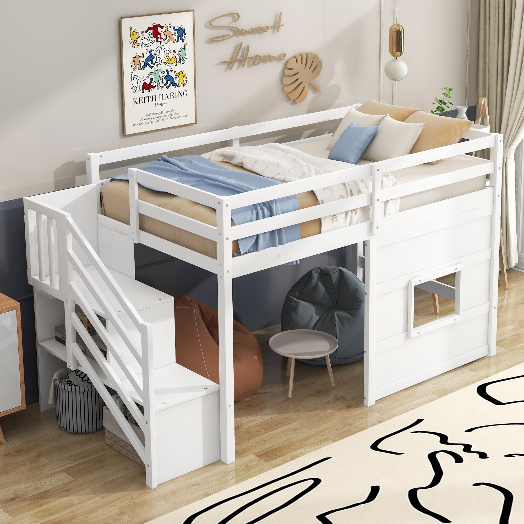 VilroCaz Playful Design Twin Size Loft Bed with Storage Staircase and Window for Kids Teens Boys Girls, Solid Wood Low Loft Bed Frame with Safety Guard Rails, Space-Saving (White-C9)