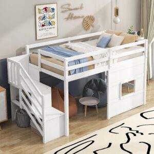 Harper & Bright Designs Low Loft Bed with Stairs, Twin Bed Frame for Kids with Storage, White