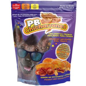 fun pet group: pb chicharrones - 4oz -dog treats, light crunchy treat w/latin flavors -trata de perro, un premio ligero y crujiente con sabores latinos