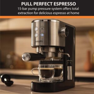 KRUPS: Divine Stainless Steel Espresso Machine with Tamper 2 cups at once, Cup Warmer, Espresso Machine with Milk Frother, Easy to Eject Grounds, 1350 Watts, Cappuccino, Latte, Americano, Silver