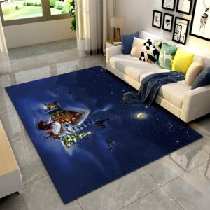 EXINBU Happy New Year Area Rug, 6x8ft Happy New Year Night Moon Stars Snowflake Santa and Sleigh Reindeer Print Soft Rug, Non-Slip Indoor Blue Living Room Rug for Dining Room Apartment Office