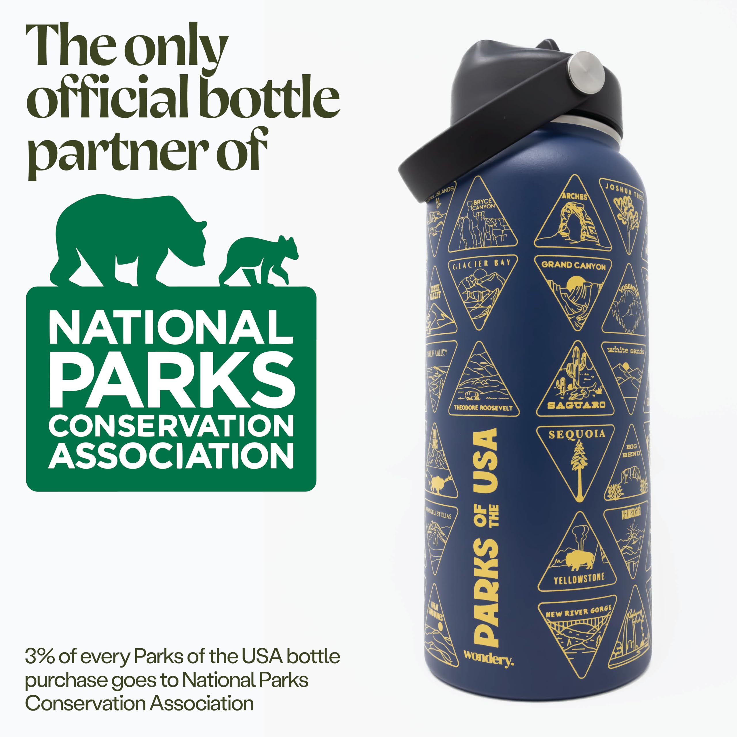 Wondery Original National Parks of the USA Bucket List Travel Water Bottle with Waterproof Stickers and Straw | Ocean 32 oz Screen Printed | Insulated Stainless Steel Vacuum Sealed | Leak Proof