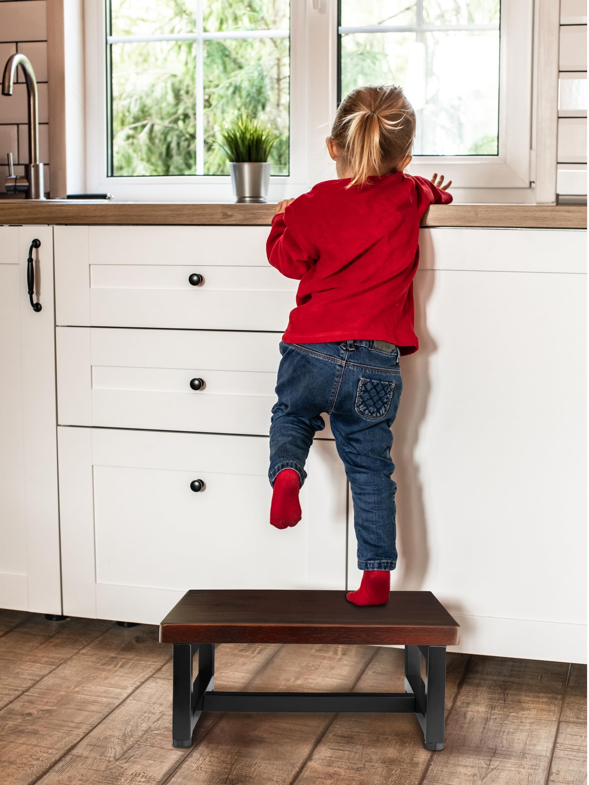 FANATU Wooden Step Stool - Heavy Duty One Step Stool - Holds up to 500Lb with Steel Frame for Kitchen/Bathroom/Bedside Step Stool (Walnut)