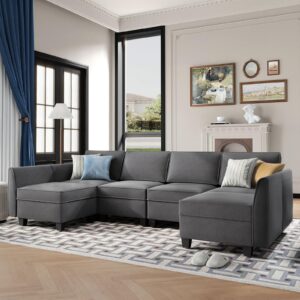 DIFY Modular Sectional Sofa Couch with Storage Seat, Oversized U-Shaped Reversible Couch for Living Room, Apartment and Office, 6 Seat Sofa with 8 Armrests, Convertible Chaise Sofa, Velvet Grey.