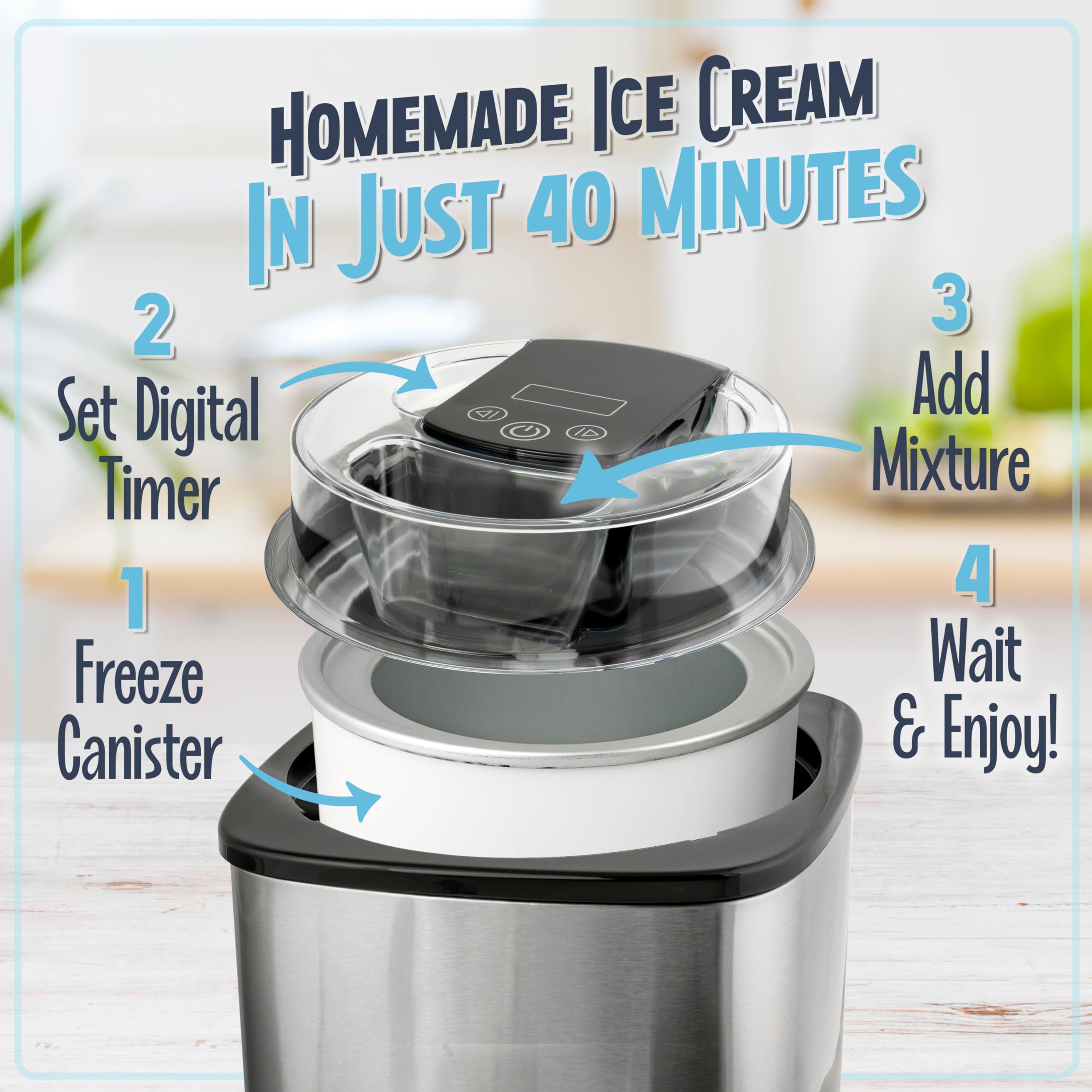 Nostalgia 2-Quart Digital Electric Ice Cream for Homemade Ice-Cream, No Salt or Ice Required, Overnight Chill Canister, Stainless Steel