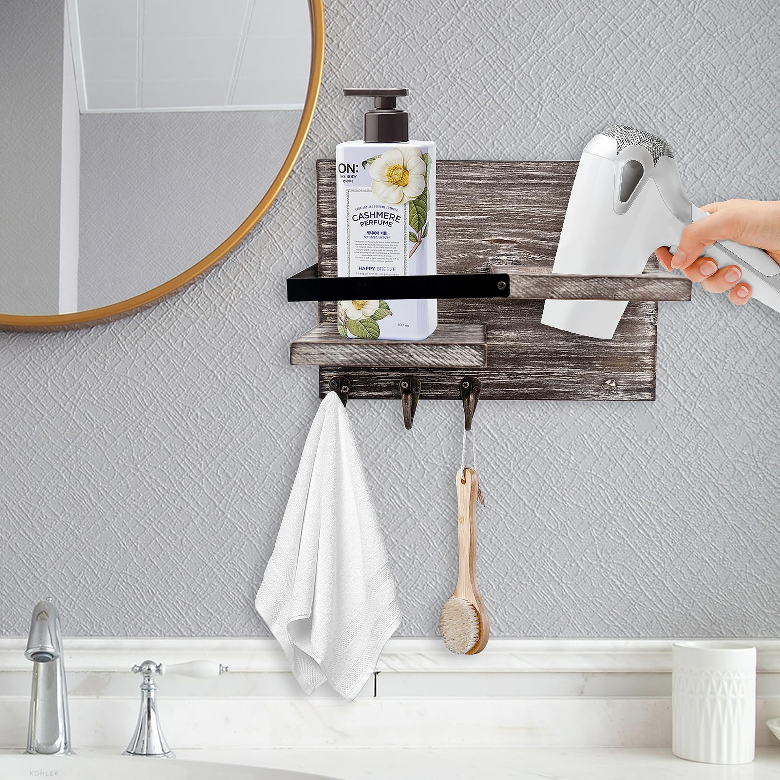 Farmhouse Bathroom Wall Mount Hair Dryer Holder with 3 Hooks for Towel or Headband, Small Wood Makeup, Toiletries Organizer Shelves, Rustic Wooden Beauty Hair Appliance Holder for Bathroom Supplies