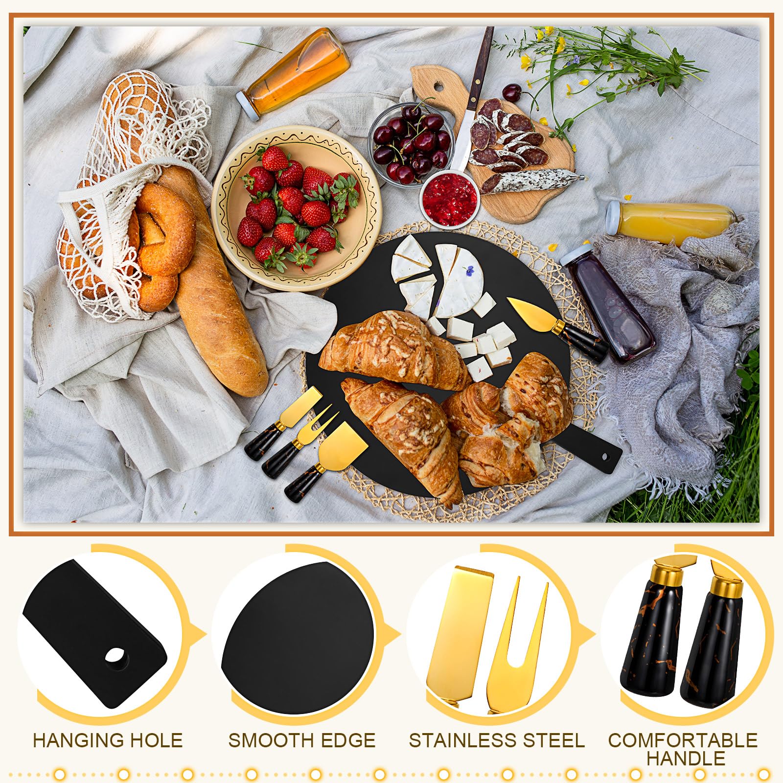 Maxcheck 9 Pcs Charcuterie Board and Serving Set Bamboo Serving Board Ceramic Dish with Knife Set Stainless Steel Spoon Fork Charcuterie Boards Accessories for Gift Supplies Home Housewarming (Black)