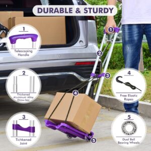 Home-Man Folding Hand Truck, Heavy Duty Luggage Cart, Utility Dolly Platform Cart with 4 Wheels and 2 Elastic Ropes for Luggage, Travel, Moving, Shopping, Office Use (110LB, Purple)