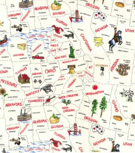 novelty map of the united states of america sold by the yard cotton fabric