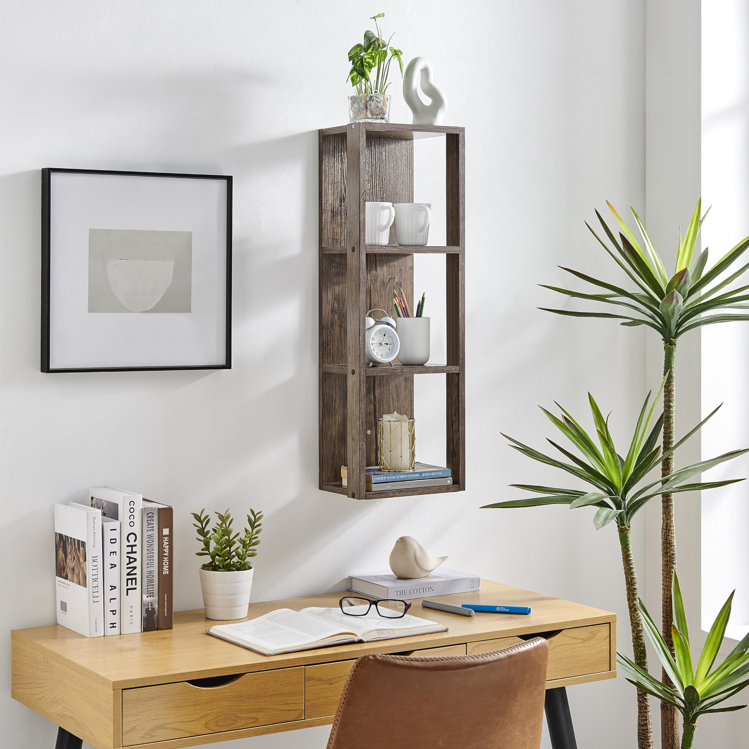 Danya B. Recife Vertical Three-Tier Modern Shadow Box Cube Display Wall Shelf (Hickory)