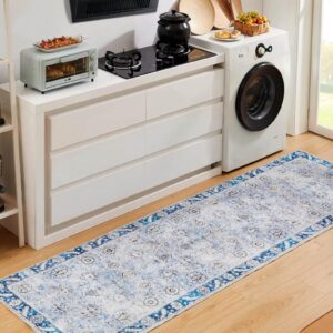 Floralux Hallway Runner Rug 2x6 Washable Distressed Area Rugs Non-Slip Laundry Soft Fuzzy Floral Boho Entryway Laundry Room Kitchen Bathroom (2'x6', Blue)