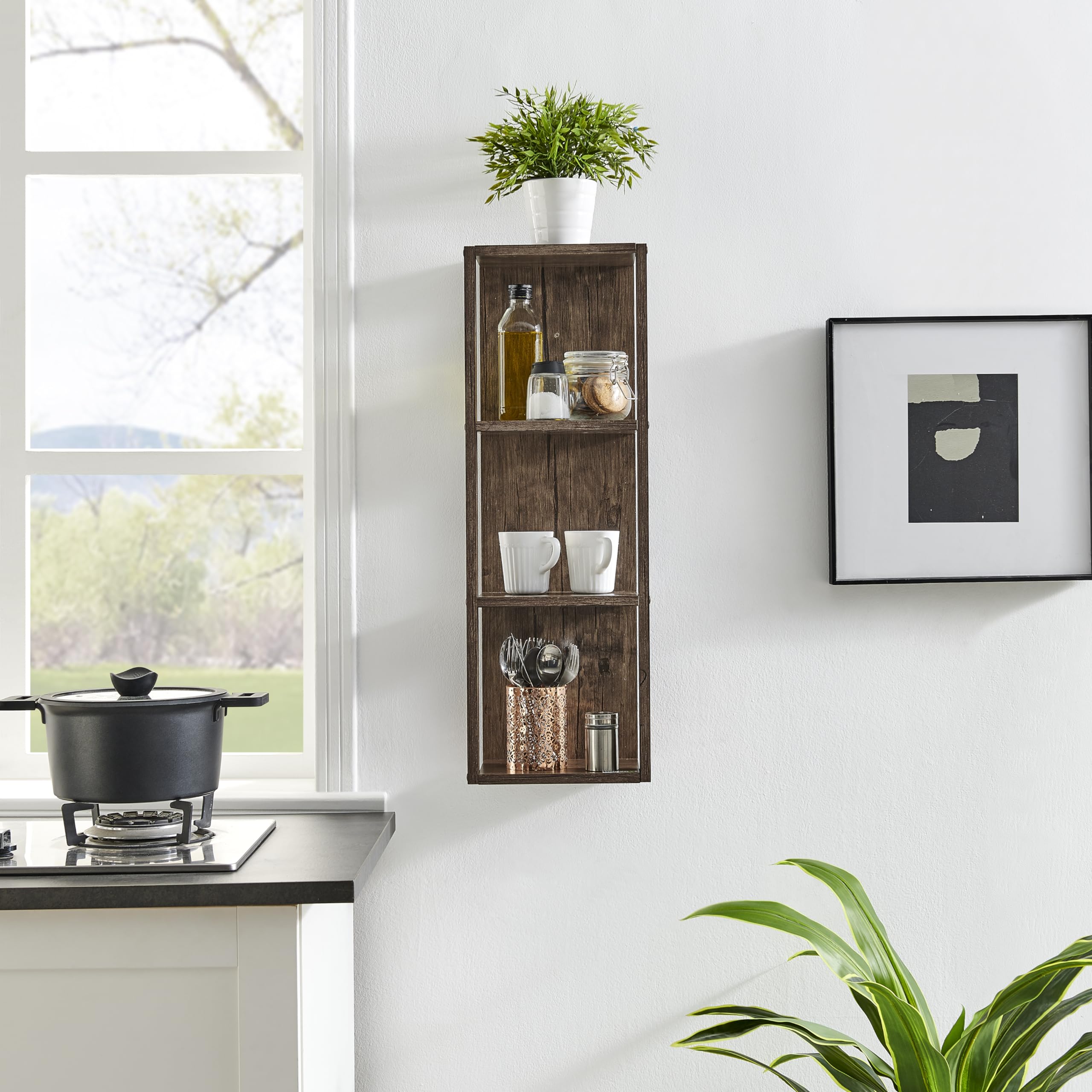 Danya B. Recife Vertical Three-Tier Modern Shadow Box Cube Display Wall Shelf (Hickory)