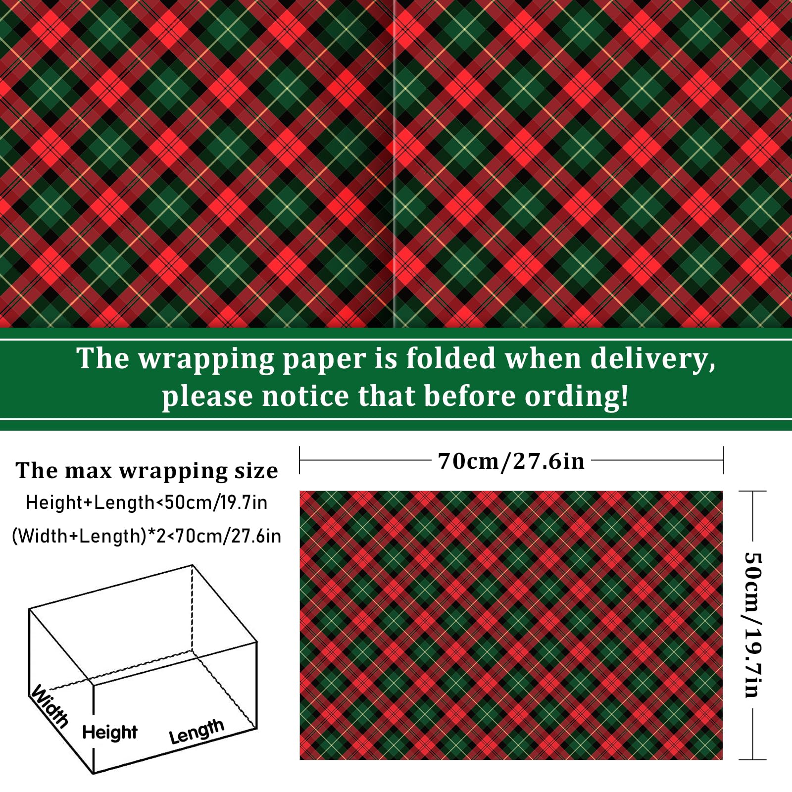 Whaline 12 Sheet Christmas Wrapping Paper Red Black Green Buffalo Plaid Gift Wrap Paper Bulk Folded Flat Classic DIY Craft Paper for Birthday Wedding Party Gift Decor, 19.7 x 27.6 In